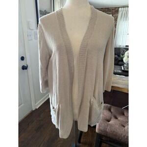 J. Jill Linen Cardigan Beige Tan Open Front Knit Neutral Size S 100% Linen